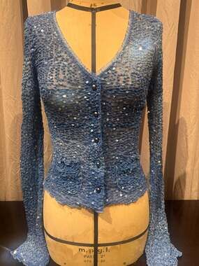Ann Ferriday VTG patch thread embroidered pucker sequin cardigan